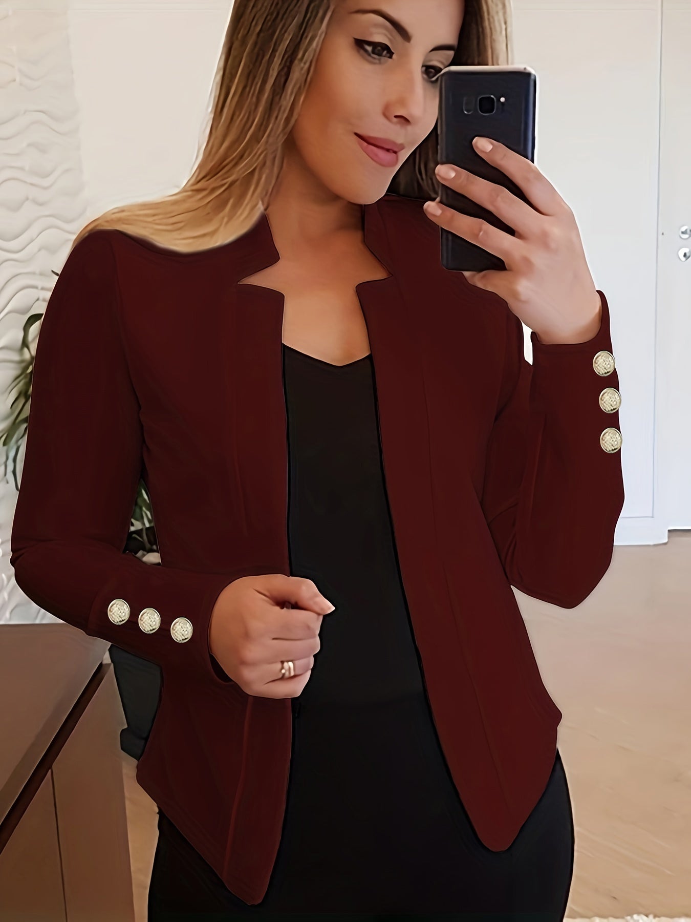 Solid Open Front Blazer, Casual Long Sleeve Button Blazer For Office & Work, Women's Clothing