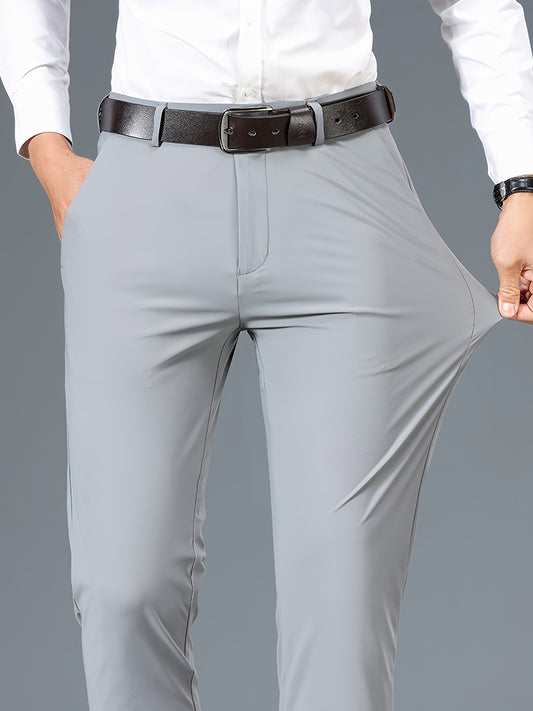 2025 New Men'S High-Elasticity Ice Sliky Fiber Fabric Dress Pants - Smooth Touch, Breathable & Stretchy, Mid-Rise Regular Fit with Button Details for Office & Casual Wear, All-Season Comfort, Office Attire, Sleek Appearance, Durable Material