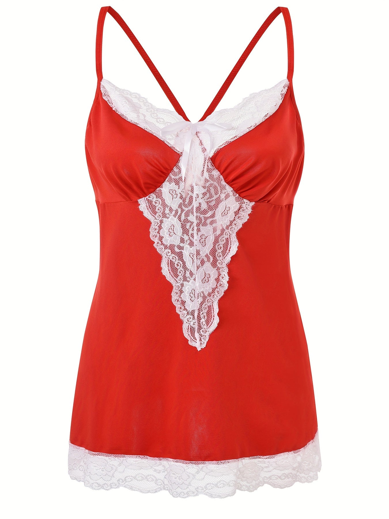Plus Size Sexy Nightdress, Women's Plus Comfort Soft Contrast Lace Criss Cross Back V Neck Cami Sleep Dress With Free Underwear