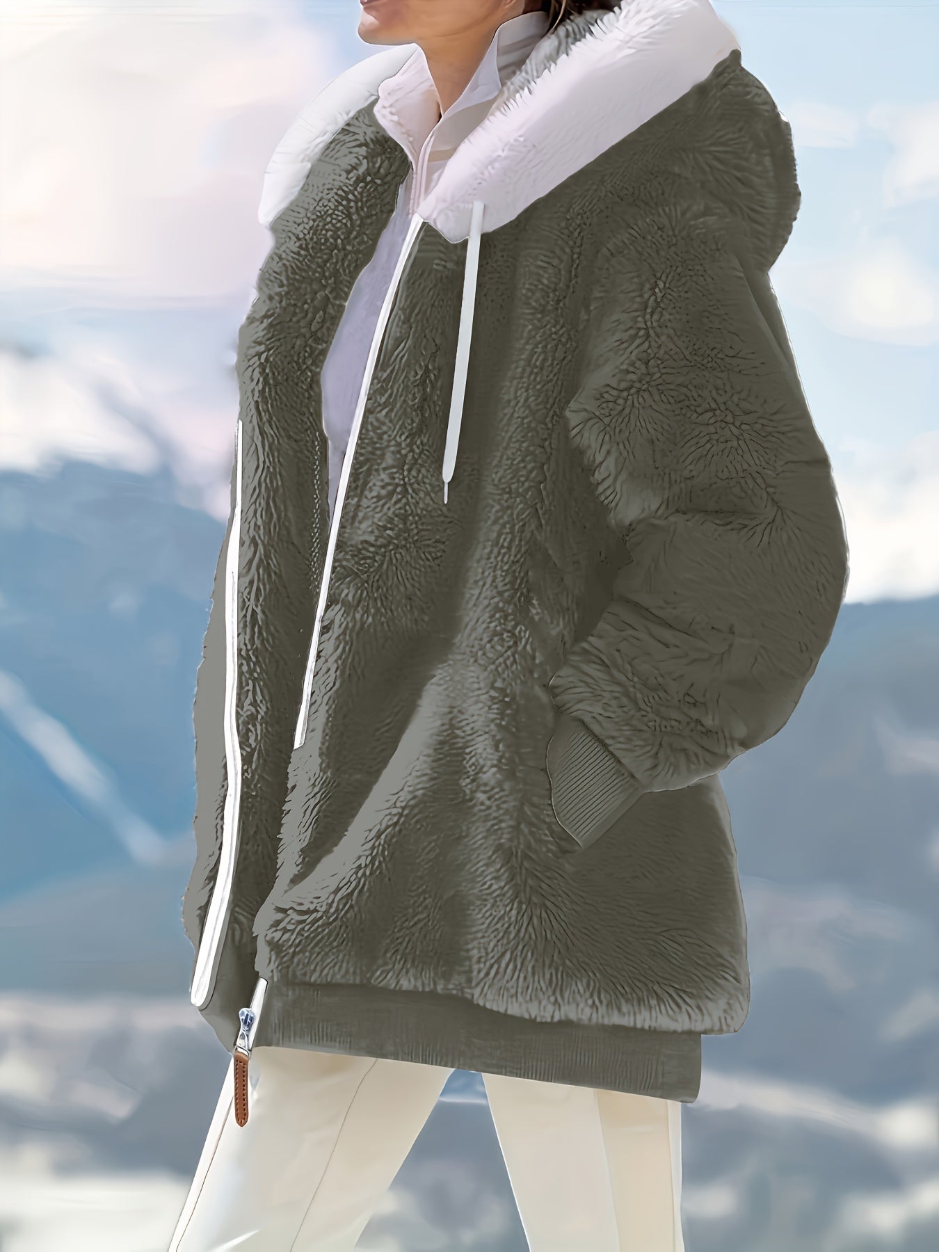 Plus Size - Women'S Cozy Fleece-Lined Hooded Jacket - Oversized Zip-Up with Drawstring, White, All-Season Comfort, Casual Style, Casual Winter Wear | Oversized Hooded Jacket | Zippered Hoodie, Winter Hoodie