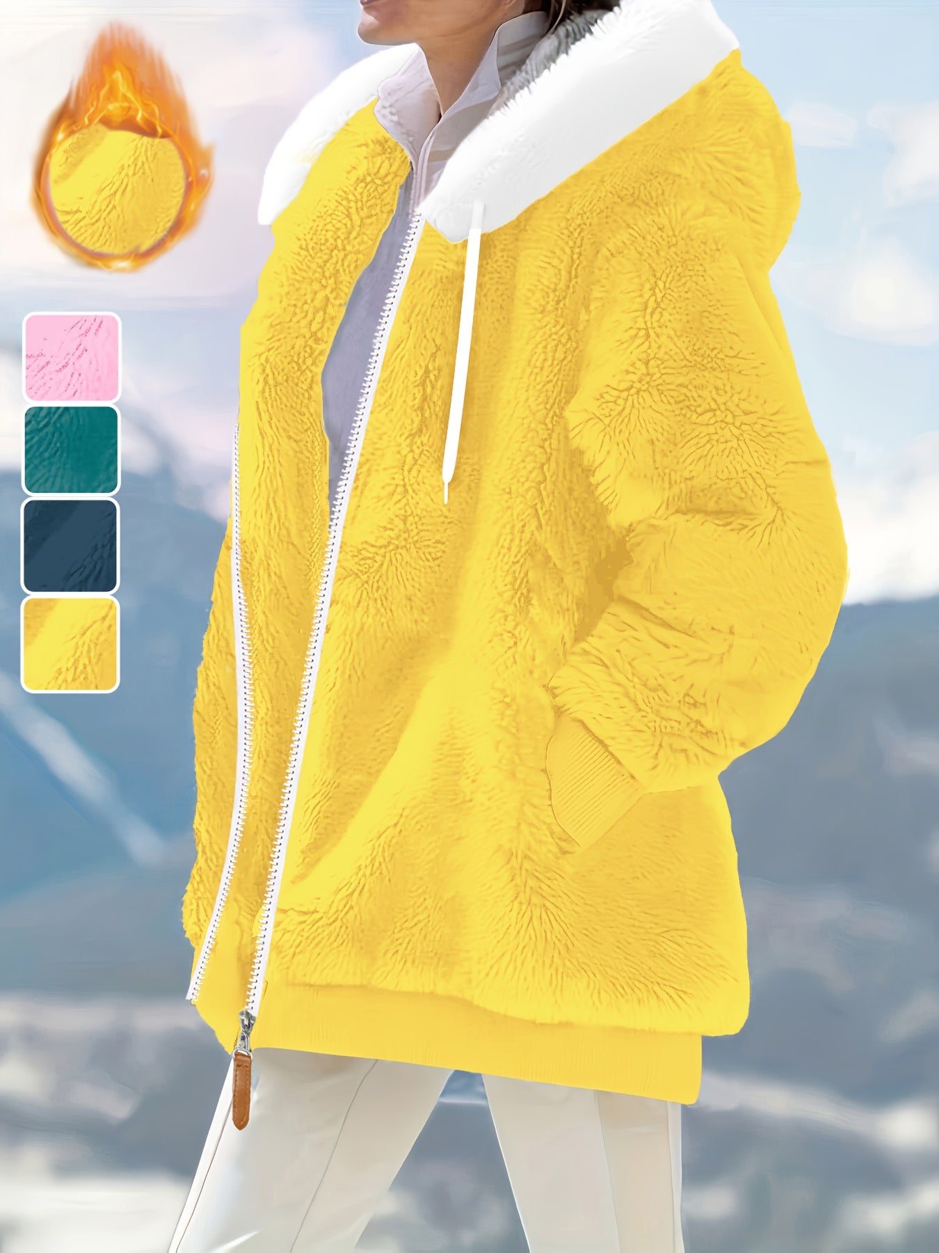Plus Size - Women'S Cozy Fleece-Lined Hooded Jacket - Oversized Zip-Up with Drawstring, White, All-Season Comfort, Casual Style, Casual Winter Wear | Oversized Hooded Jacket | Zippered Hoodie, Winter Hoodie