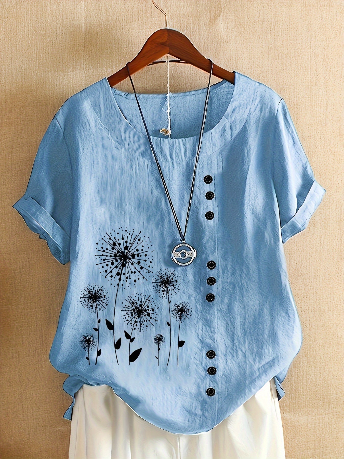 Plus Size, Women's Mint Green Floral Dandelion print Blouse - Loose Fit Plus Size Tops with Button-like details, Lightweight Non-Stretch Shirt for Everyday & Formal Outfits - Machine Washable Casual Women's Clothing, Seasonal Fashion, Round Neckline, Easy