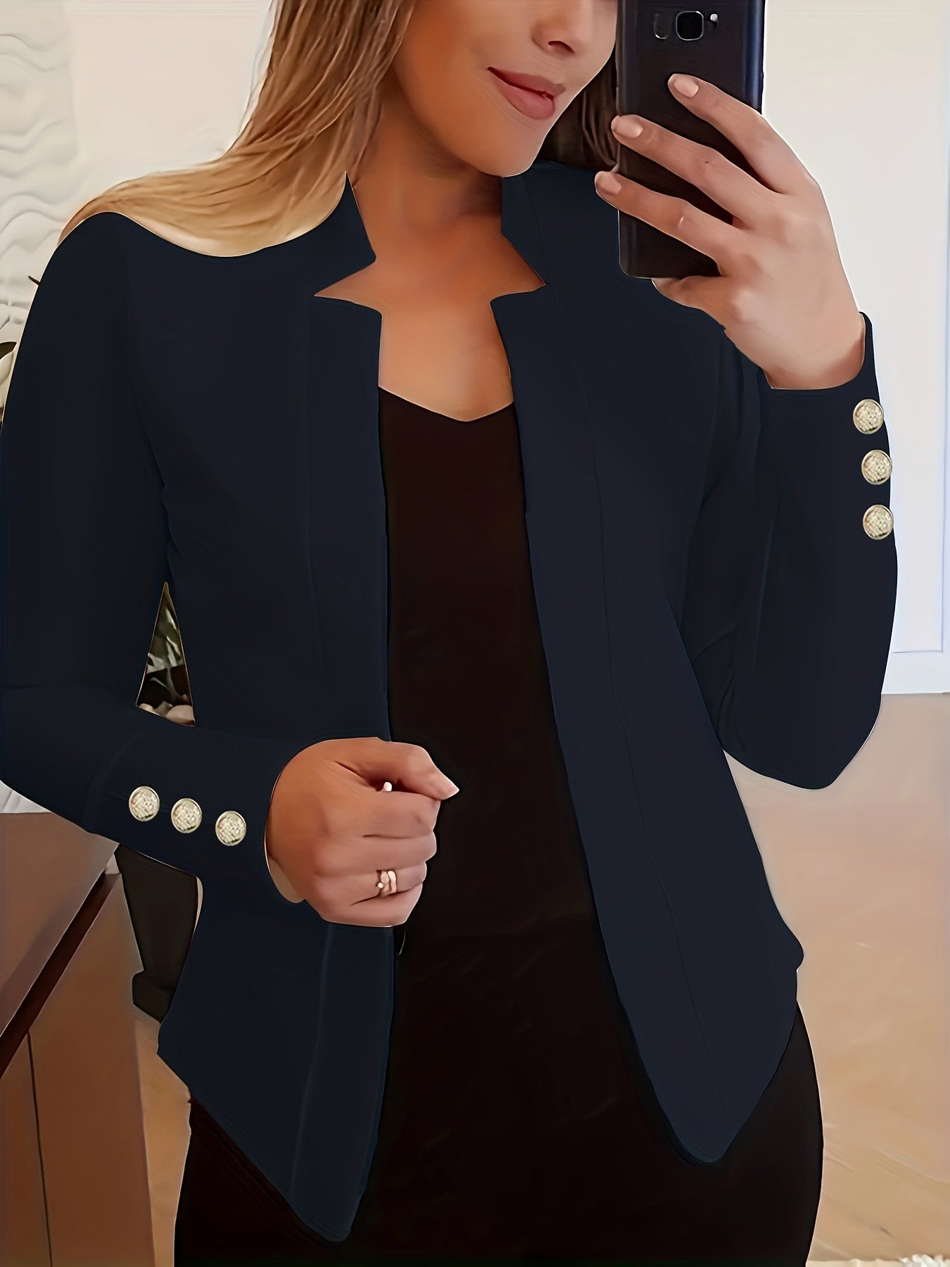Solid Open Front Blazer, Casual Long Sleeve Button Blazer For Office & Work, Women's Clothing