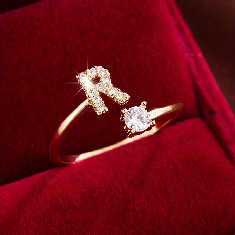Fashionable 26 English Letters Four-Prong Synthetic Synthetic Zirconia Open Adjustment Ring