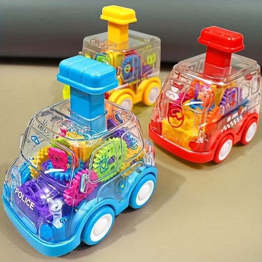 Transparent Gear Car with Pull-Back Mechanism - Colorful Plastic Toy, Police and Fire Truck Designs, Durable Playset for Indoor and Outdoor, Indoor Outdoor Toy|Vibrant Toy Car|Durable Plastic