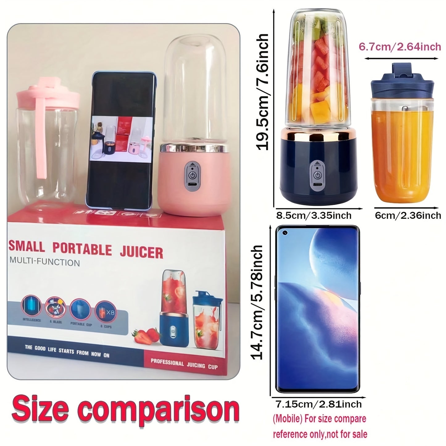 Portable Blender, Mini Smoothie and Shake Maker, USB Rechargeable Personal Mixer with 6 Blades for Fresh Juice, 430g Capacity, Stainless Steel Body, Round Shape, Ideal for Kitchen, Home, Travel - Blenders for Kitchen