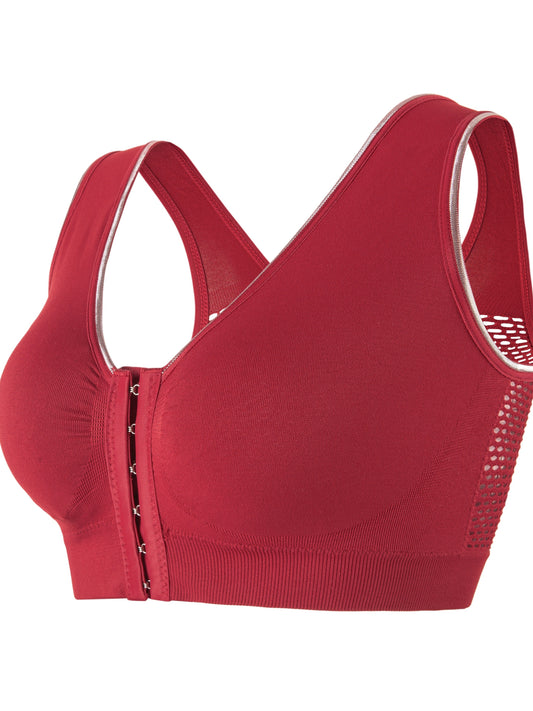 Women's Sports Bra, Plus Size Buckle Open Front Solid Breathable Mesh Wireless Thin Fitness Yoga Running Bra, Light Support