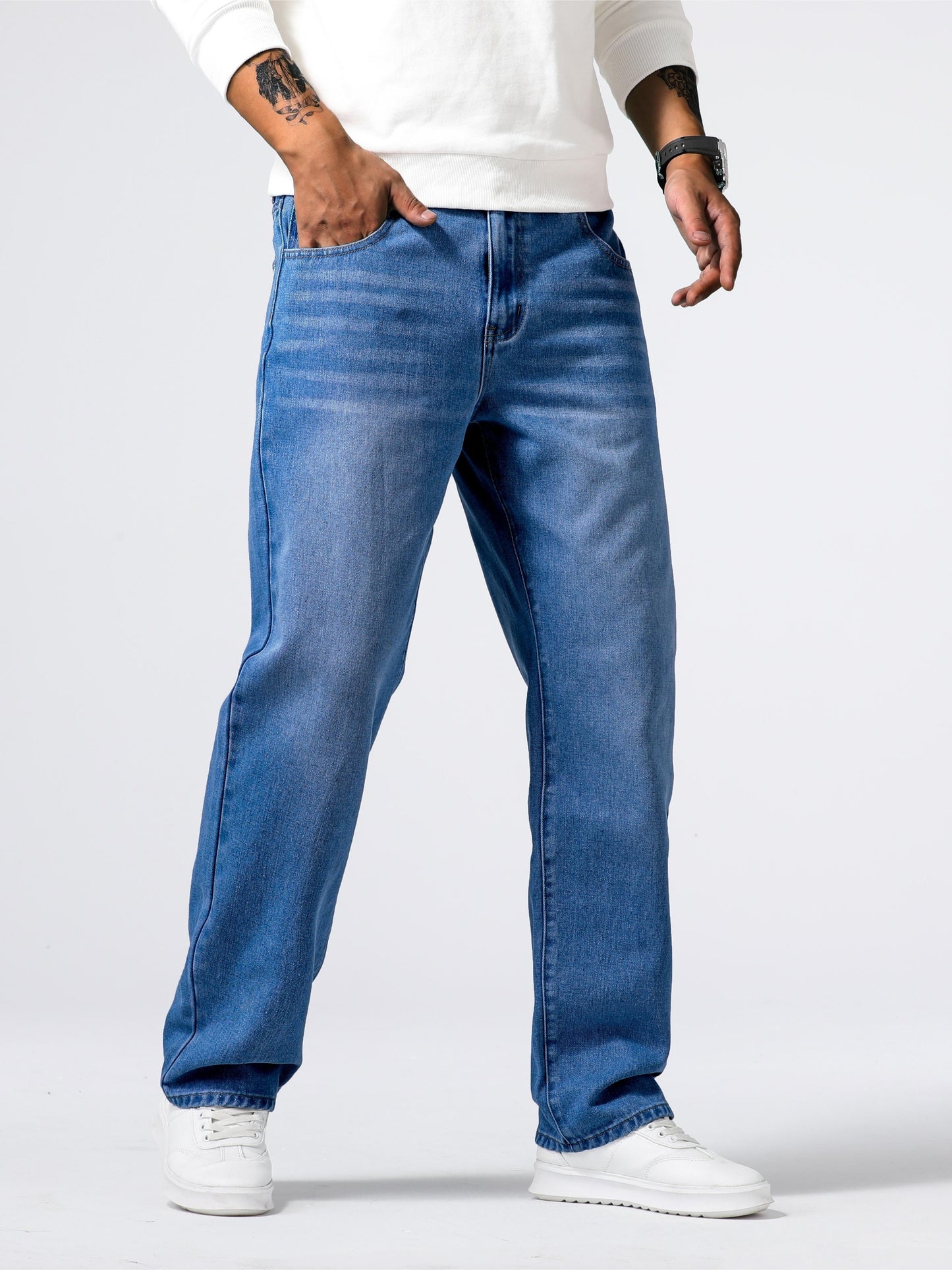 Men's Light Blue Relaxed Fit Jeans - Casual Straight-Leg Machine-Washable Denim Pants for Casual Attire, All-Season Comfort & Versatile Style