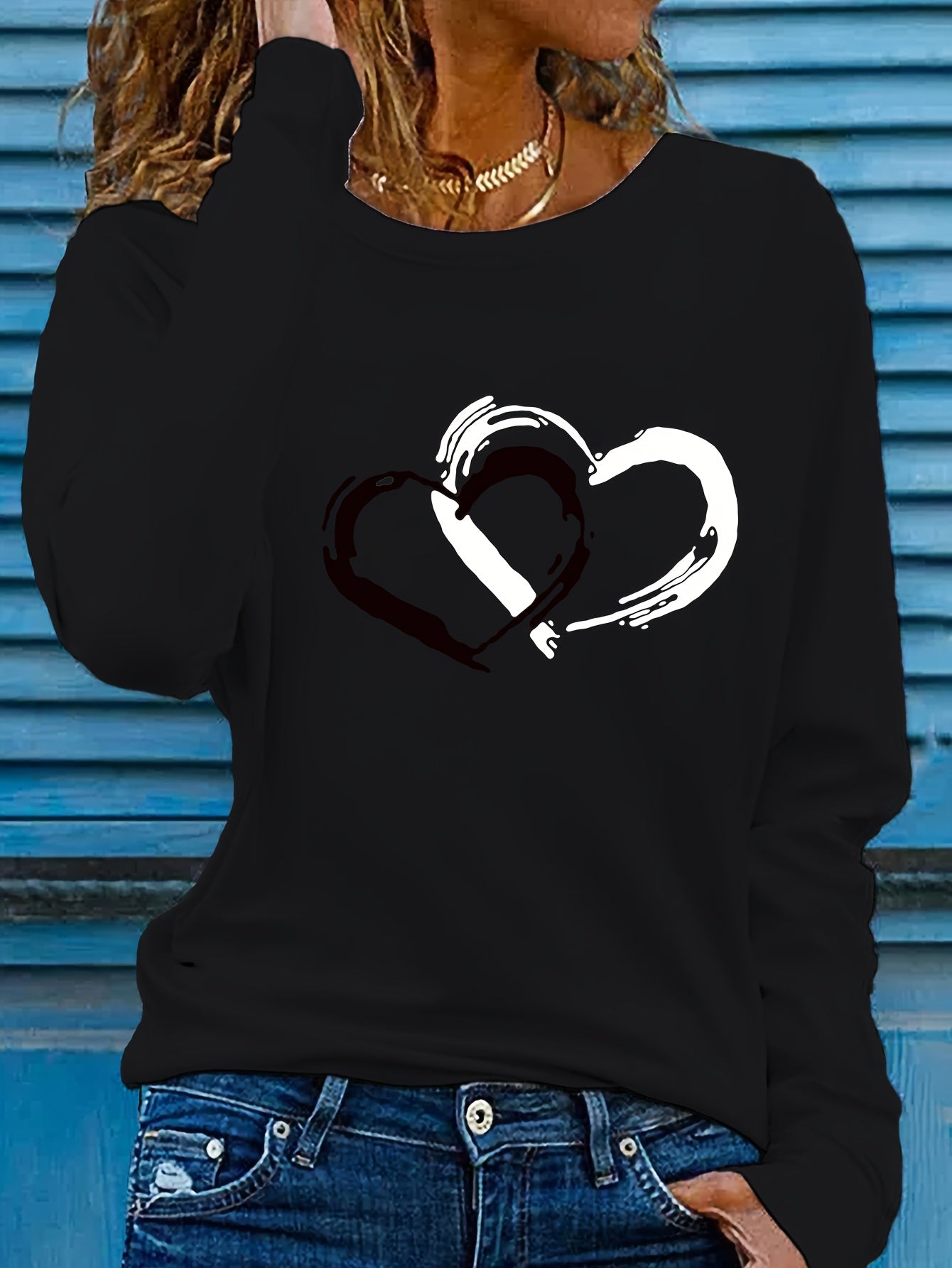 Heart Print Crew Neck T-shirt, Casual Long Sleeve Top For Spring & Fall, Women's Clothing