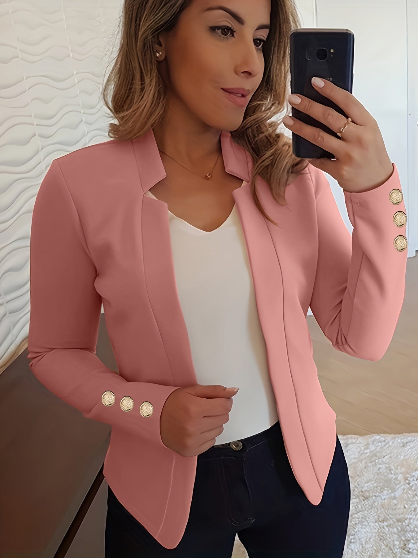 Solid Open Front Blazer, Casual Long Sleeve Button Blazer For Office & Work, Women's Clothing