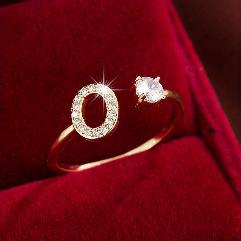 Fashionable 26 English Letters Four-Prong Synthetic Synthetic Zirconia Open Adjustment Ring