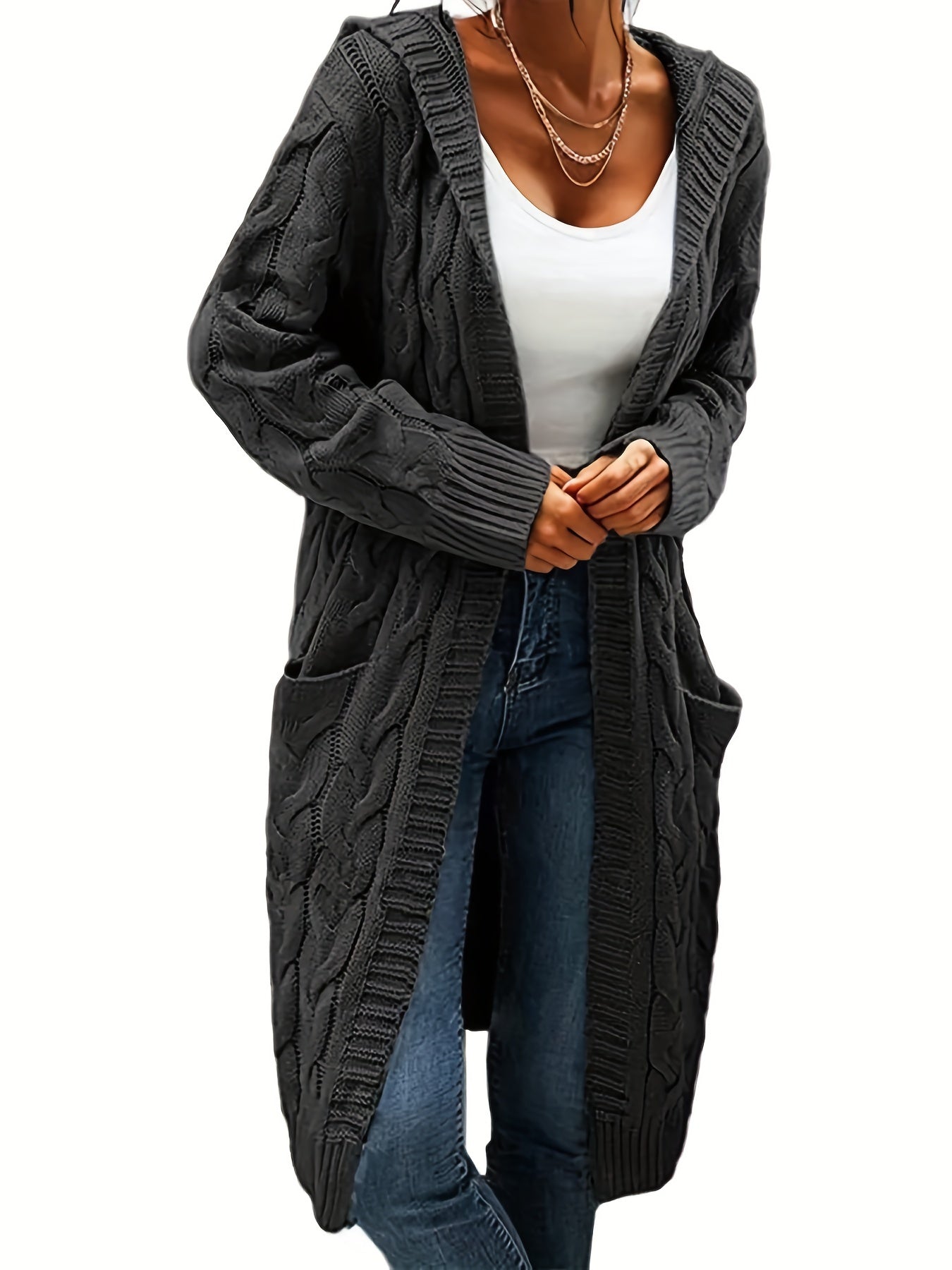 Women's Mid-Length Hooded Cardigan - Soft Stretchy Solid Color Long Sleeve Open Front Sweater with Pockets, Machine Washable Casual Elegance for Fall Winter, Everyday Comfort Wear, Stylish Hooded Design, Comfortable Fit