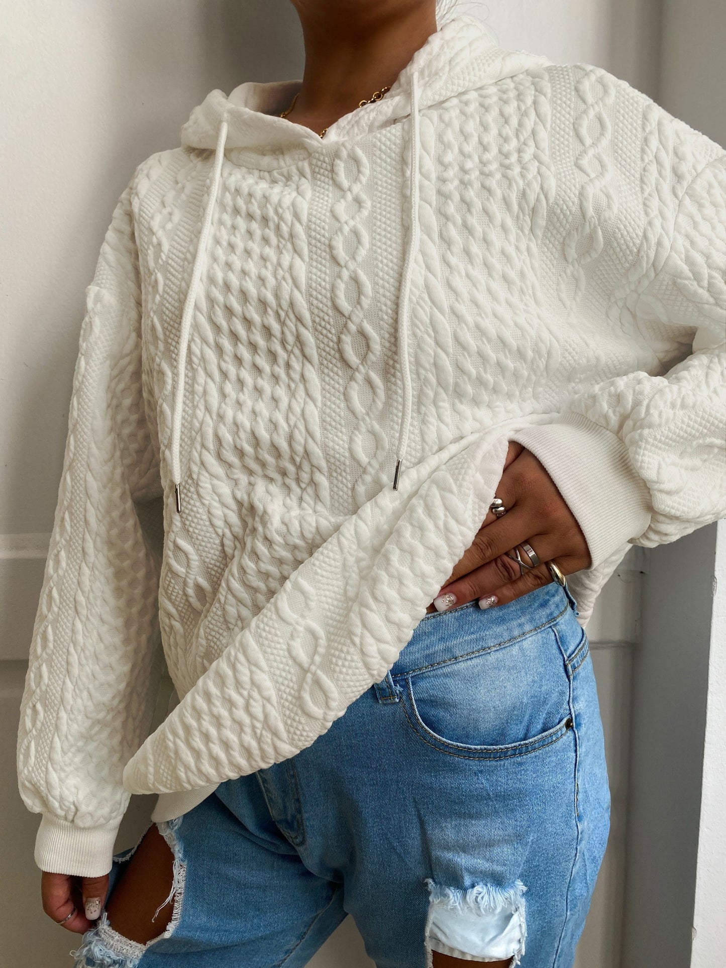 Women's Casual Lounge Top, Plus Size Solid Textured Long Sleeve Drawstring Home Wear Hoodie