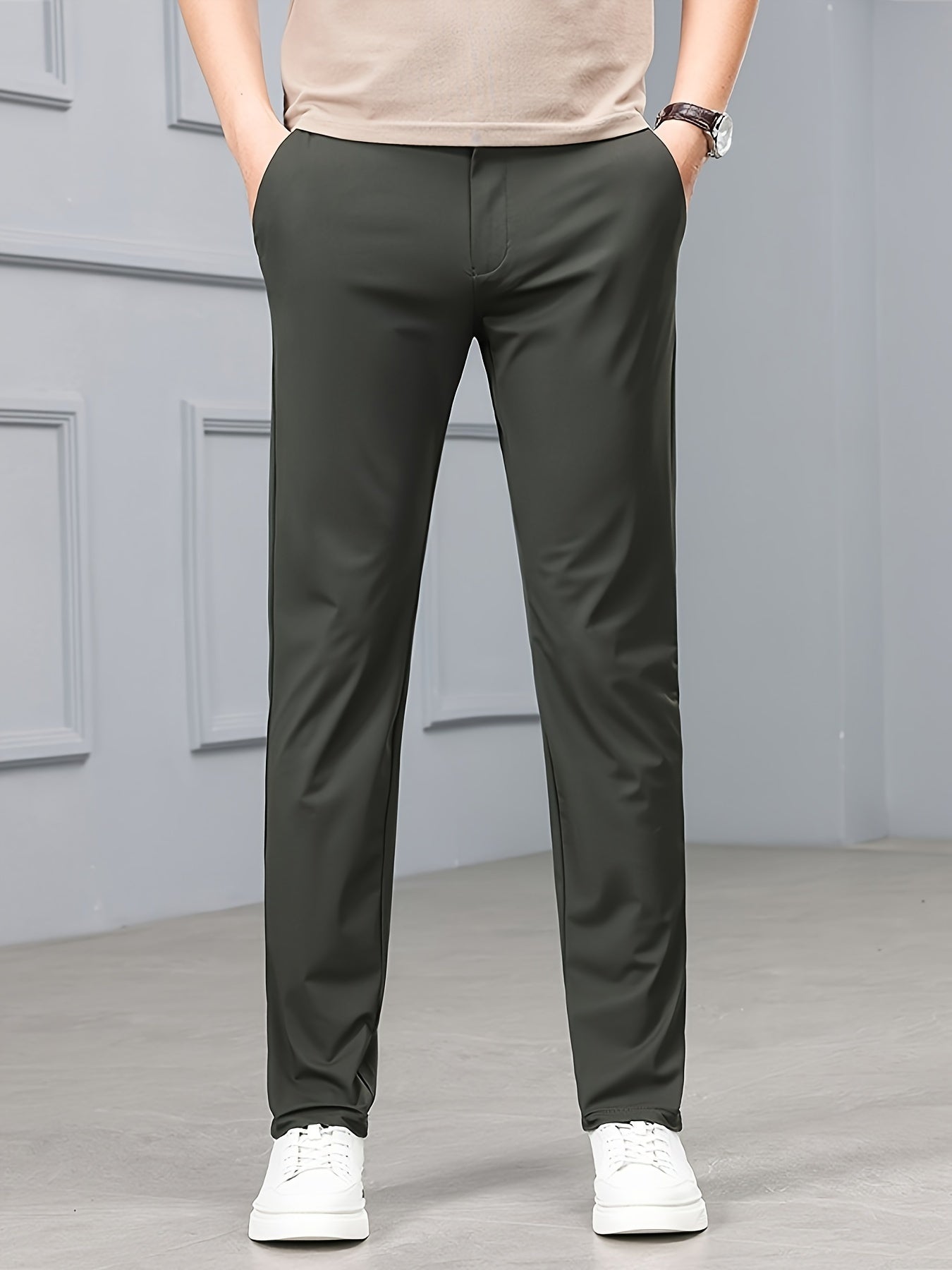Men'S Slim-Fit Stretch Casual Pants - Mid-Rise Elastic Waistband, Solid Black, Zipper Fly & Pockets, Lightweight Summer Trousers for Casual Outings, Comfortable Leisurewear, Minimalist Design, Smooth Texture Fabric, Highelastic Material, Relaxed Fit, Mode