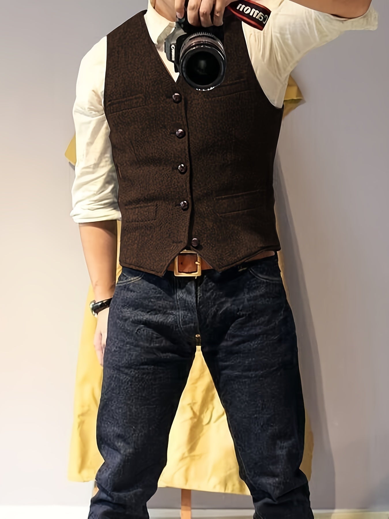 Men's Vintage Herringbone Tweed Vest - Western Cowboy Style, Gray Wool Blend with Button Front & Side Pockets for Weddings, Parties, Golf, Fishing, and Hunting