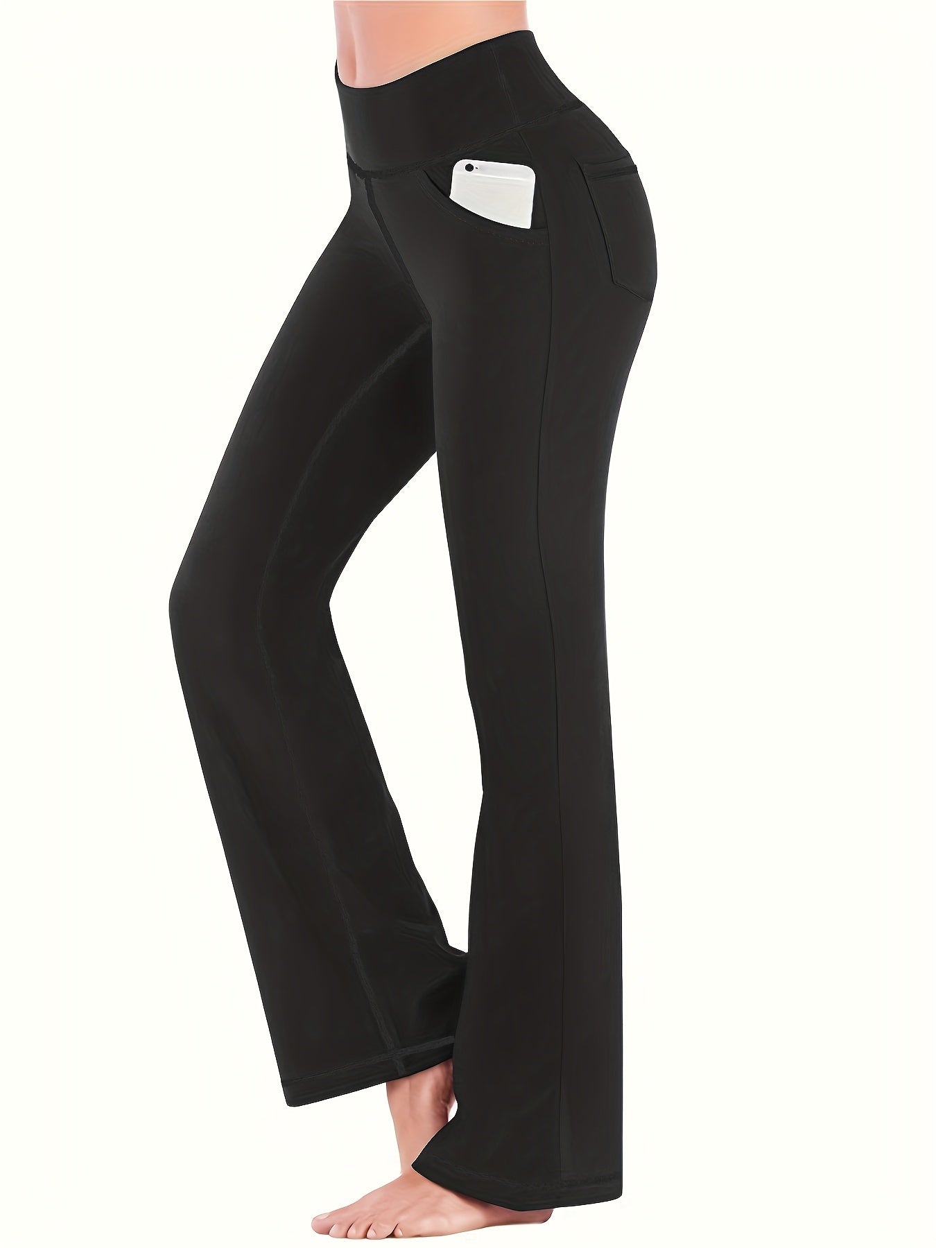 Women's High-Waisted Yoga Pants - Compression Flared Leggings with Pockets, Quick-Dry Stretch Fabric for Yoga, Lounge & Casual Wear - Solid Color All-Season Machine Washable, Yoga Leggings, Flared Design, Highelastic Material
