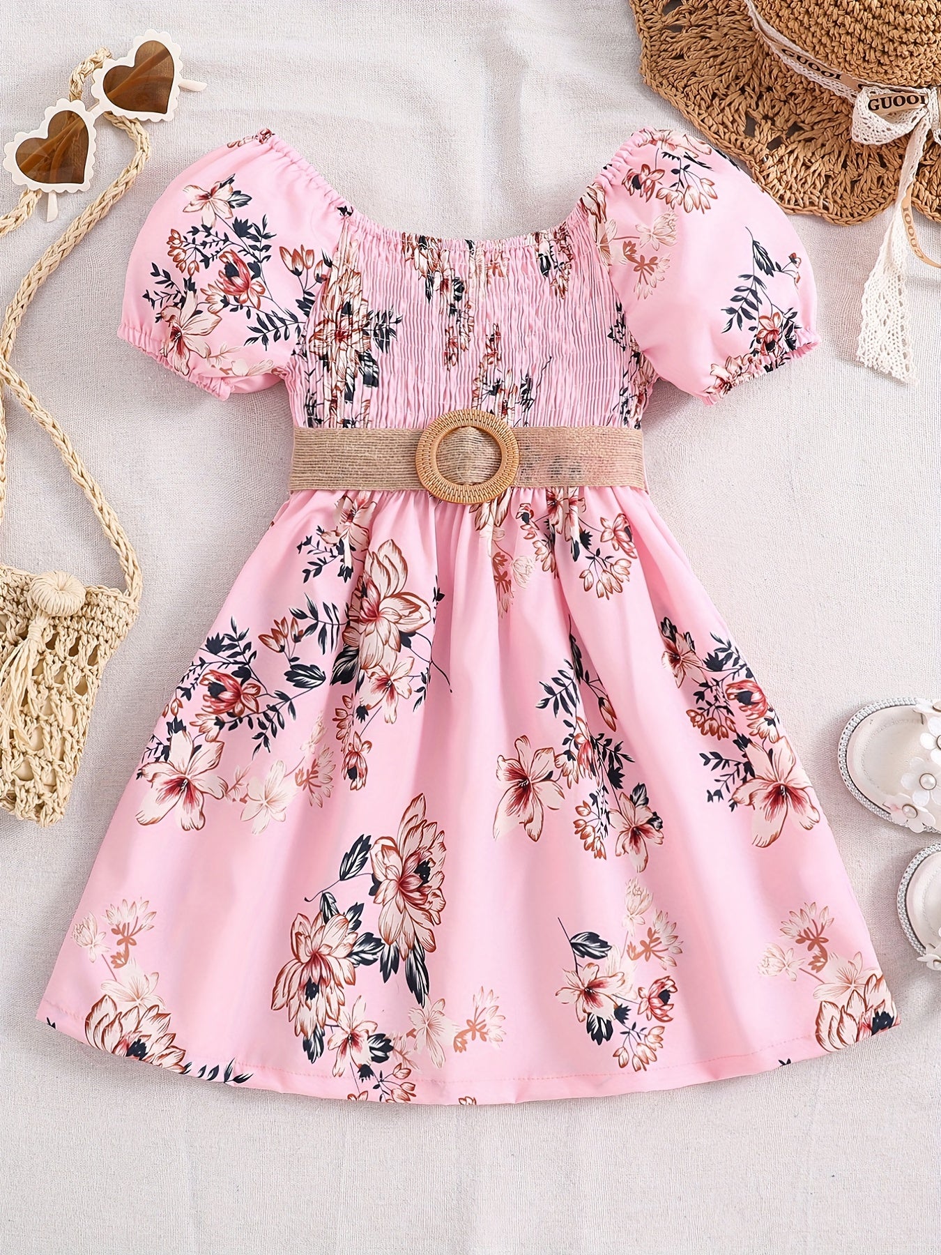 Summer Girls' Casual Floral Print Knee-Length Loose-Fit Dress with Ruffled Hem and Belt - Lightweight Woven Fabric, Short Sleeve, Perfect for Outdoor Play and Daily Wear, Summer Dresses for Girls, Playtime Fashion, Nontransparent Fabric