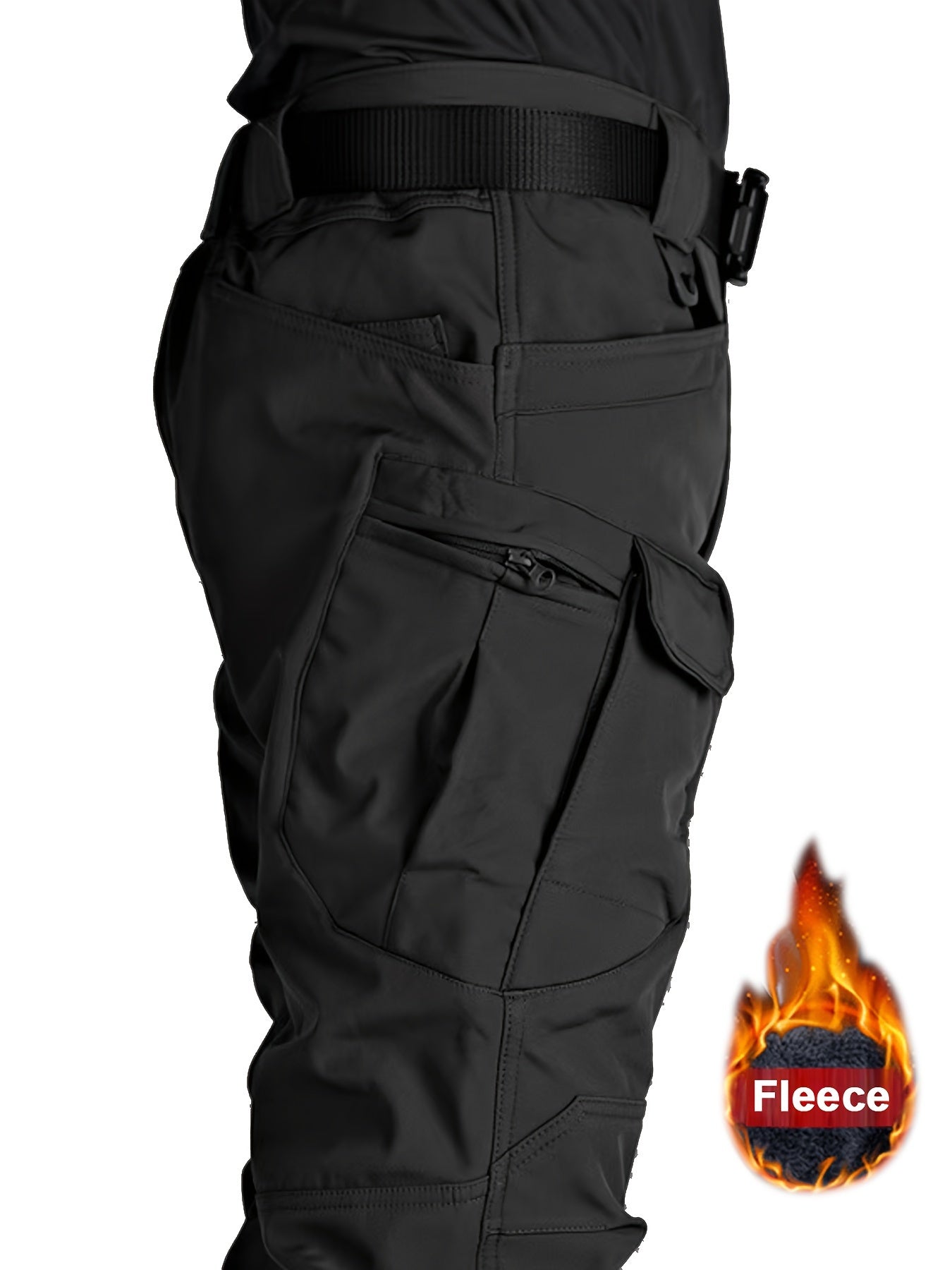Men's Fleece-Lined Tactical Pants - Warm, Durable Polyester-Spandex Blend, Casual Style with Multiple Pockets & Adjustable Waistband for Winter Outdoor Activities