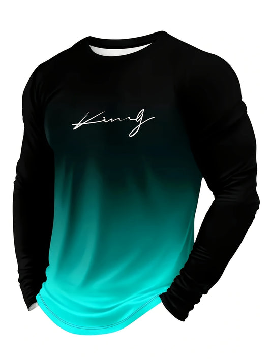 Men's Casual Long Sleeve T-Shirt - Gradient Color, Polyester, Machine Washable, Round Neck, Letter Print Design