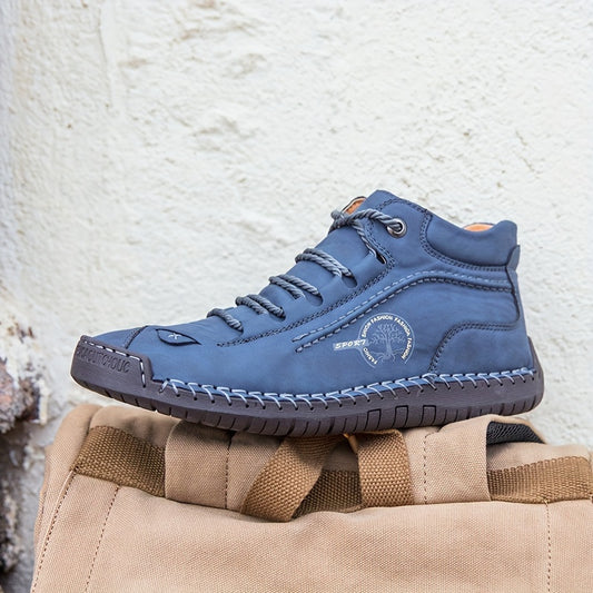 Men'S Vintage Style Handcrafted Superfine Fiber Short Boots, Solid Color, Round Toe, Lace-Up, Rubber Sole, Faux Inner, Fabric Insole - All Seasons