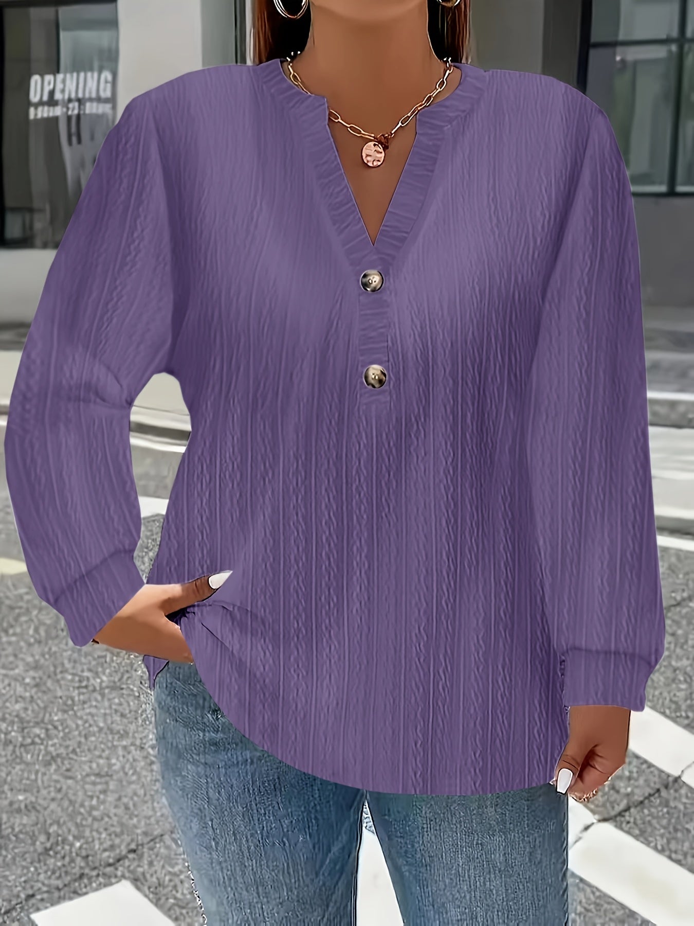 European And American Cross-Border Long-Sleeve Solid Color V-Neck Button T-Shirt Top