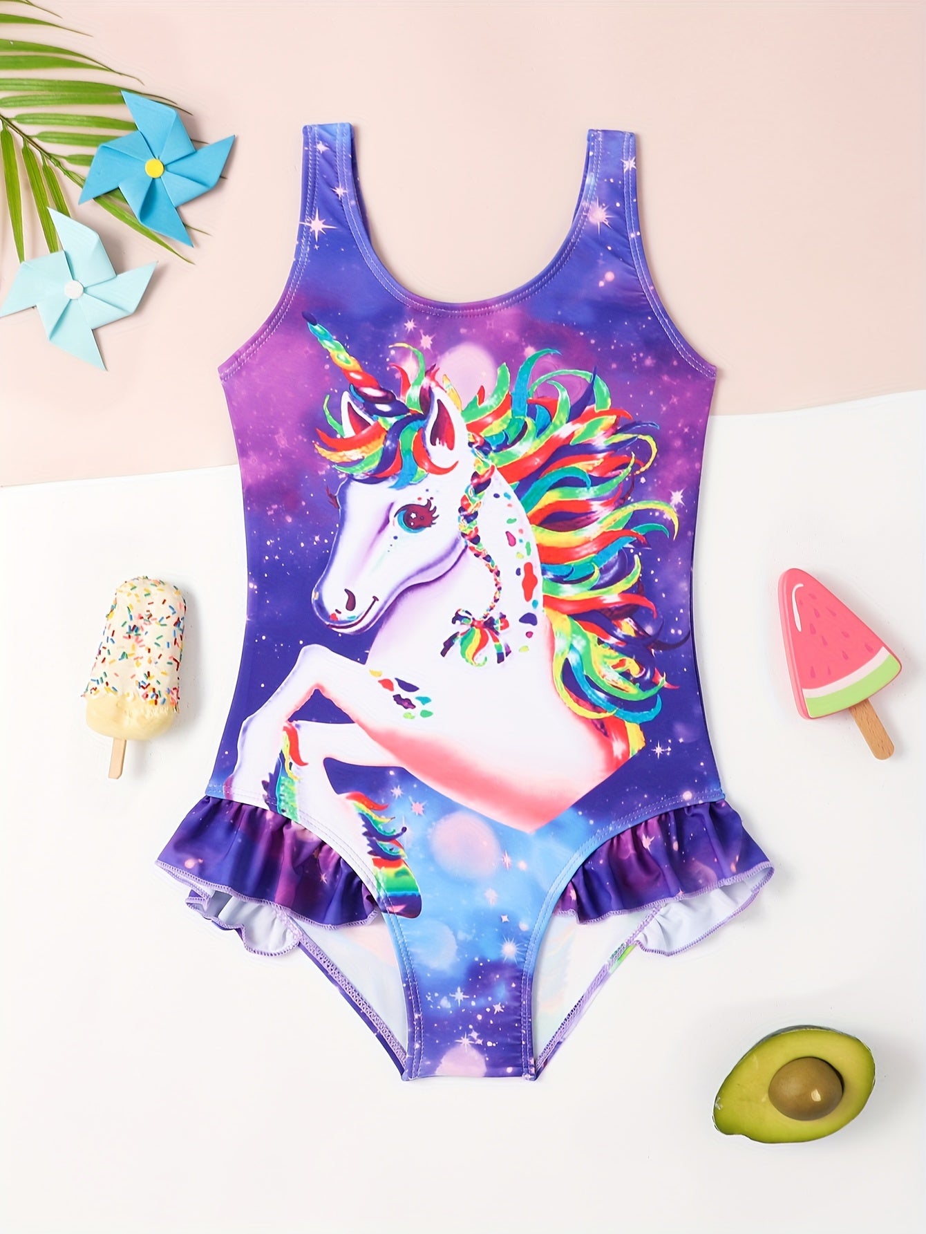 Trendy Unicorn Graphic Ruffle Trim 1-piece Swimsuit Kids Clothes For Summer Gift