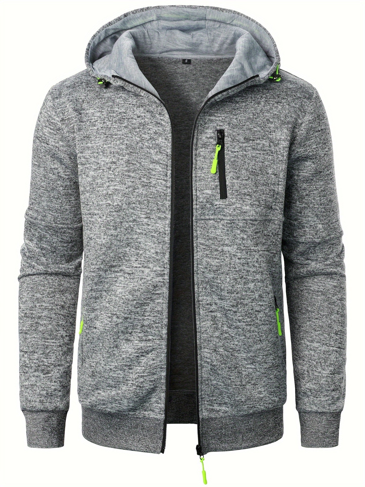 Men's Autumn Winter Casual Plush Hooded Sweater - Soft Knit Zipper Front with Neon Accents, Regular Fit Long Sleeve Pullover for Cold Weather, Sweater Hoodie, Ribbed Detailing
