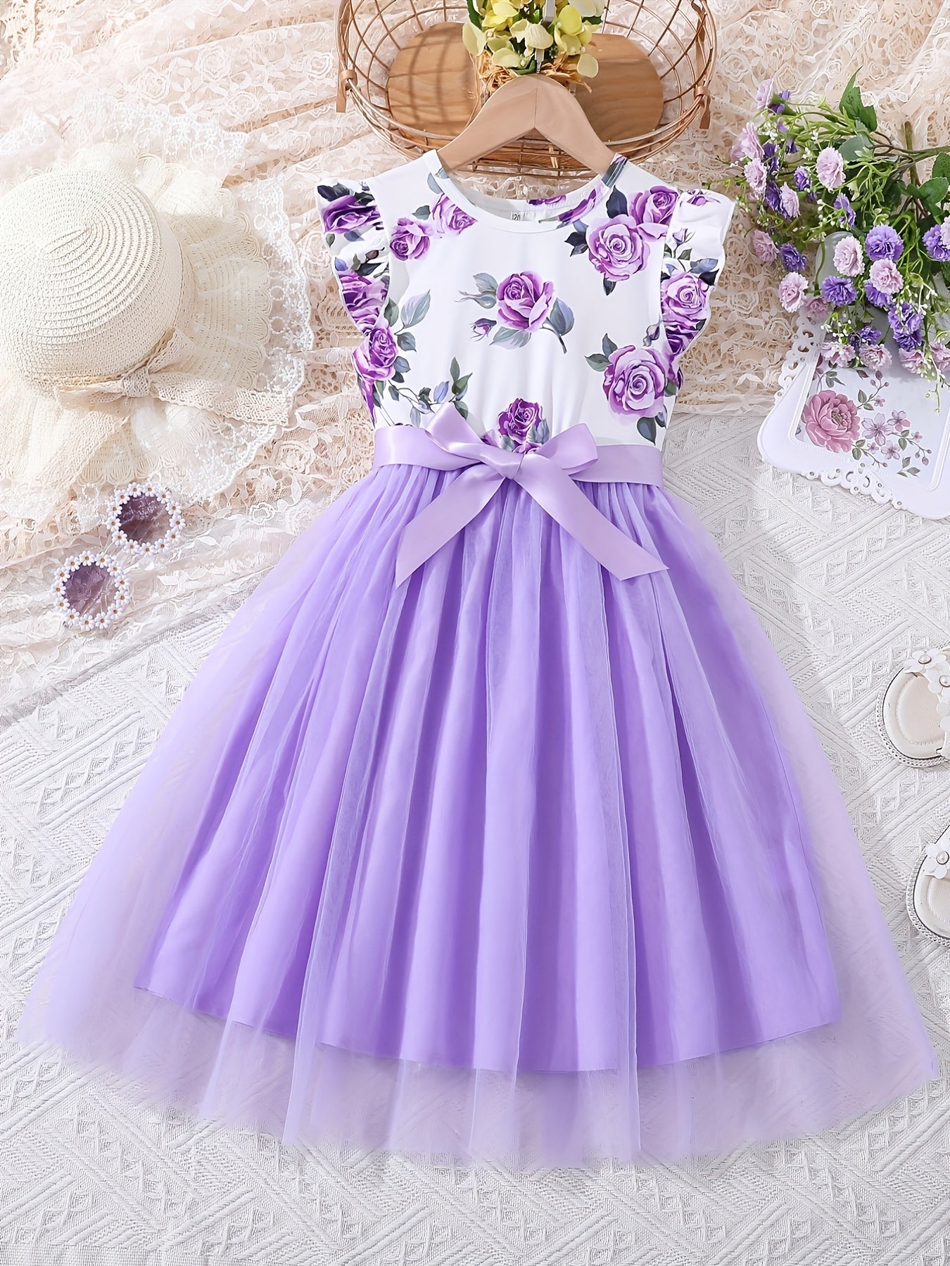 [1pc Floral Print Girl'S Dress] 1pc Elegant Floral Print Polyester Dress for Girls, Summer Sleeveless Regular Fit with Bow Detail, Children'S Casual Spaghetti Strap Skirt