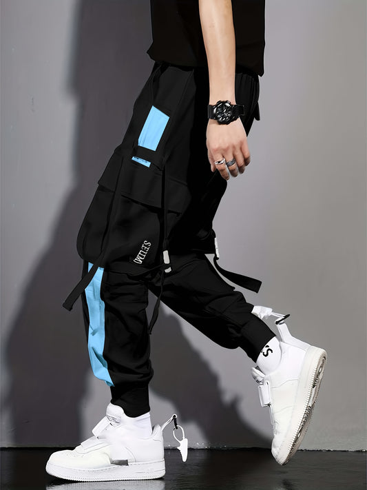 Multi-Pocket Ribbon Design, Summer Breathable Thin Color Block Overalls for Men, Fashionable And Comfortable Jogging Pants