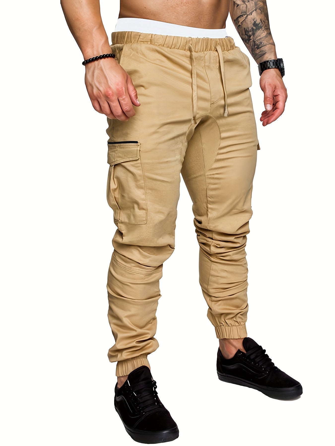Men'S Casual Cargo Pants, Cotton Blend (95% Cotton, 5% Polyester), Solid Color, Non-Stretch Fabric, Woven, Regular Fit, Drawstring Waist, Belt Closure, Cropped Length, Suitable for Spring/Fall Season