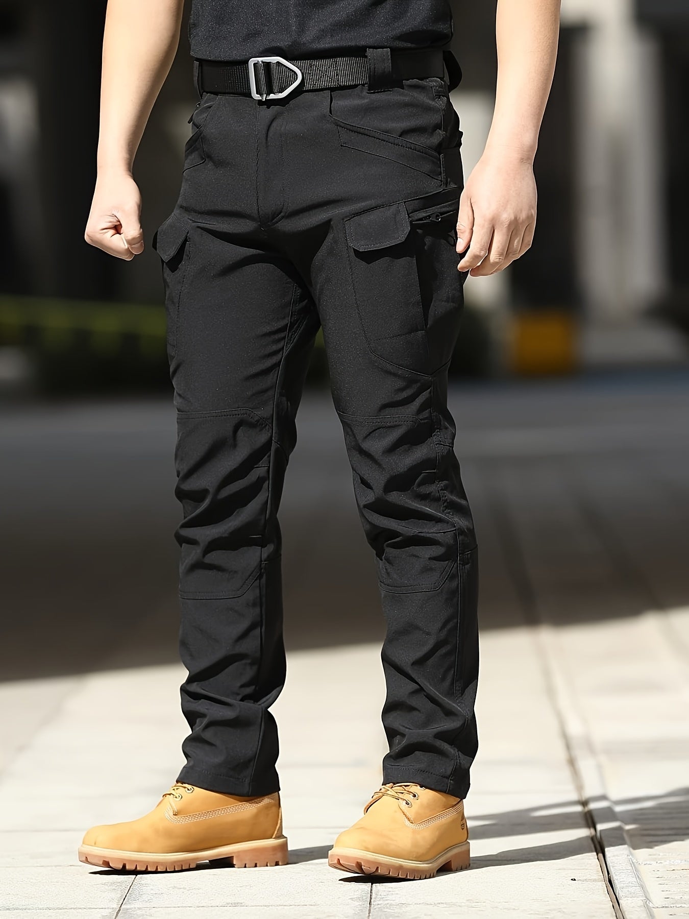 Men'S Stretchy Black Cargo Work Pants - Elastic Waist, Multi-Pocket Design for Hiking & Everyday Comfort, Durable & Comfort Fit, Outdoor Pants|Casual Cargo Pants|Glossy Finish Pant