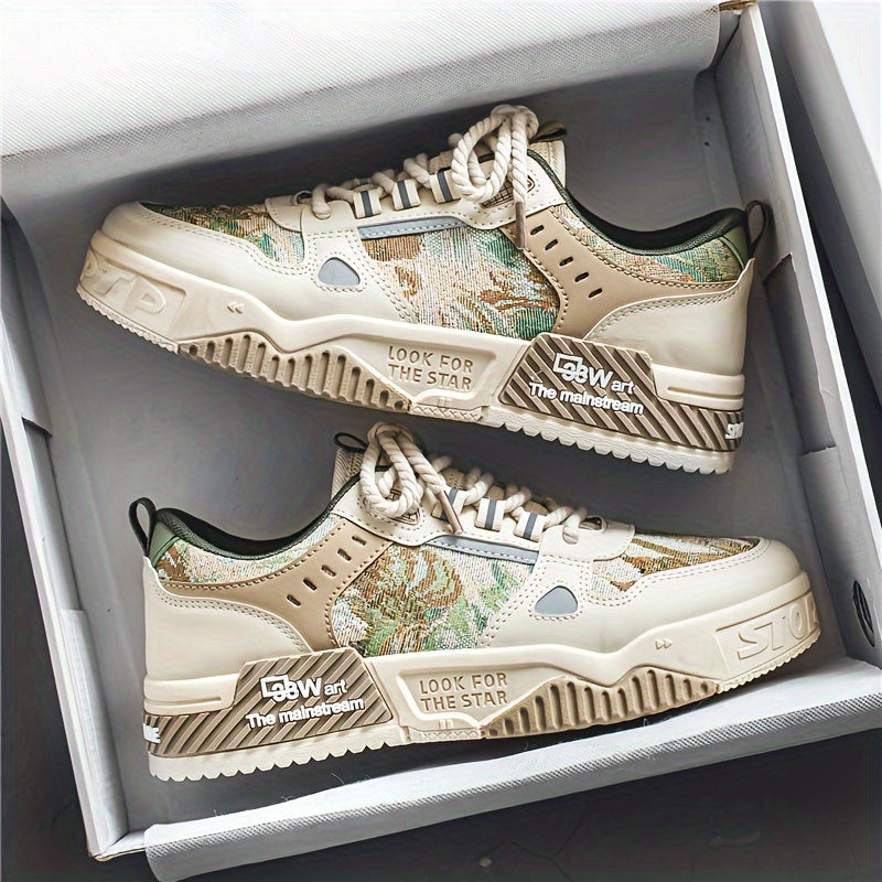 Men'S Fashion Sneakers, Street Style Graphic Low Top Shoes, Breathable Casual Sports Footwear, Non-Slip Lace-Up Trainers, All-Season Daily Wear, Faux Upper, Fabric Inner, PVC Sole, Round Toe Design