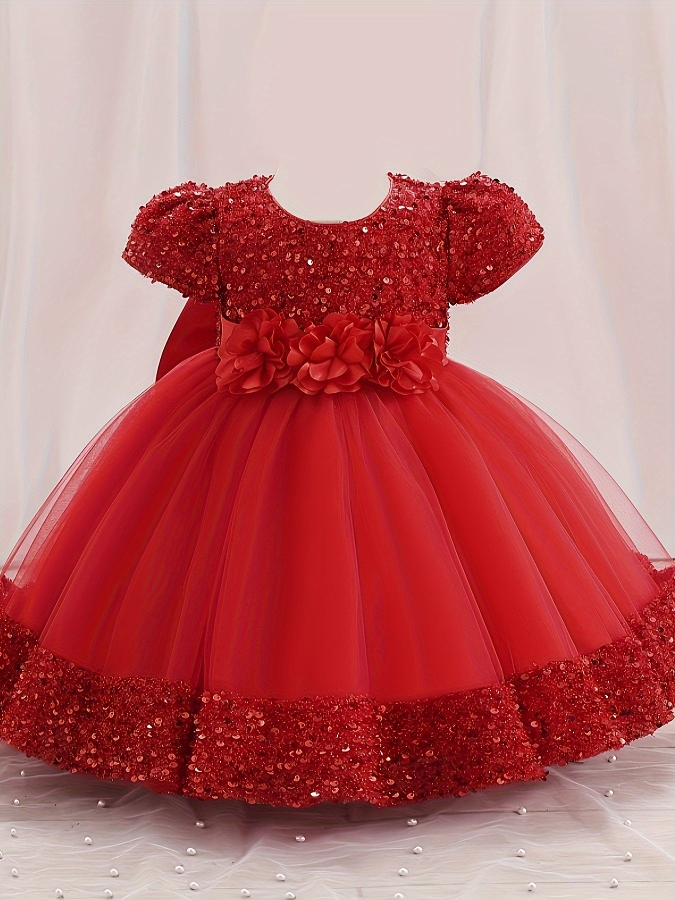 Gorgeous Sequin Flower Decor Puff Short Sleeve Tutu Dress Princess Dress Girls Kids Clothes Party Christmas