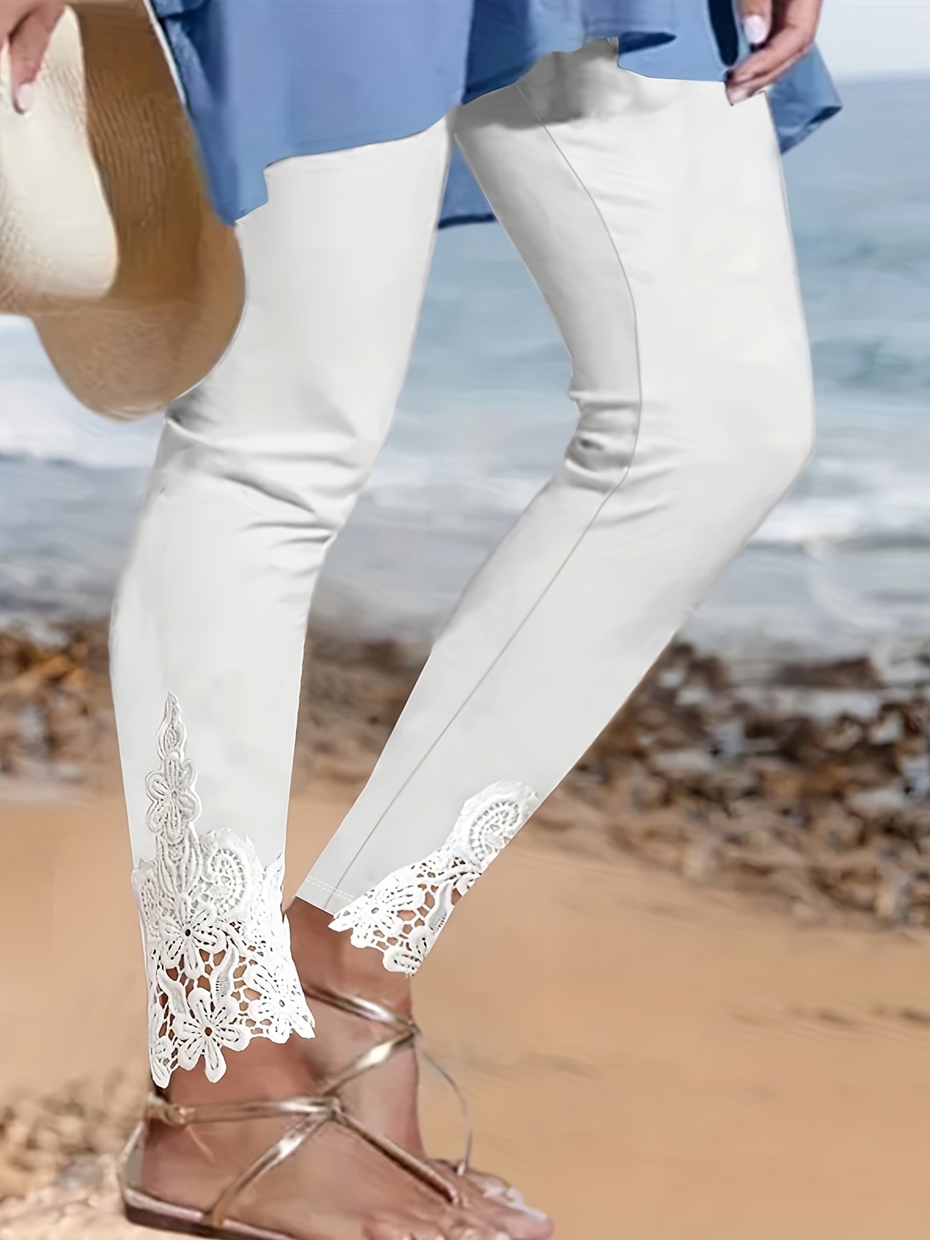 Plus Size Contrast Lace Solid Leggings, Casual Every Day Stretchy Leggings, Women's Plus Size Clothing