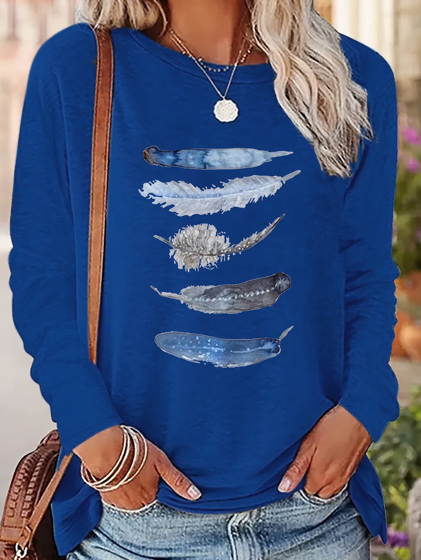 Women's Casual Appliqué Sleeve Top - Black with Blue & White Feathers, Round Neck, Medium Stretch, Machine Washable, Spring/Fall Fashion