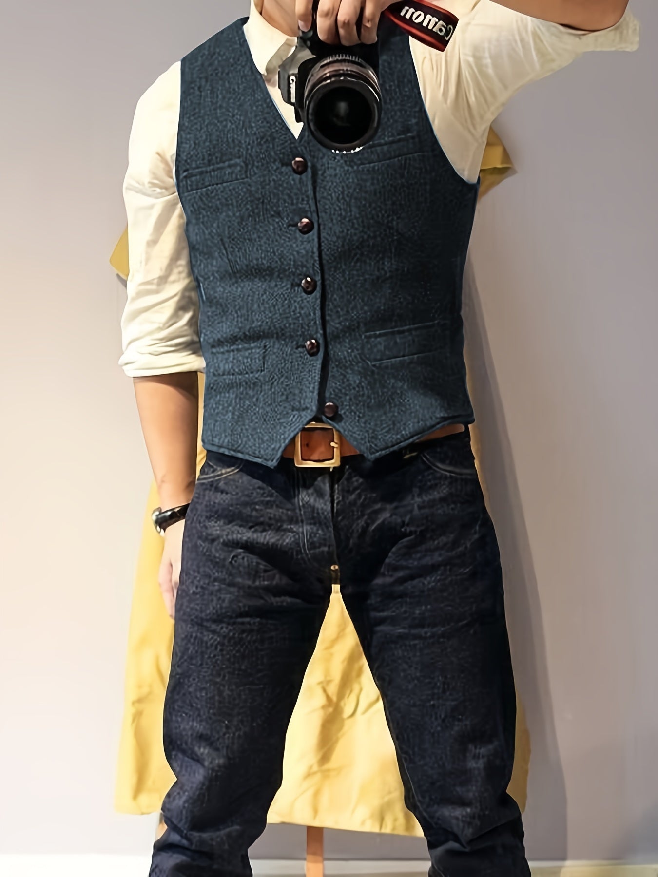 Men's Vintage Herringbone Tweed Vest - Western Cowboy Style, Gray Wool Blend with Button Front & Side Pockets for Weddings, Parties, Golf, Fishing, and Hunting