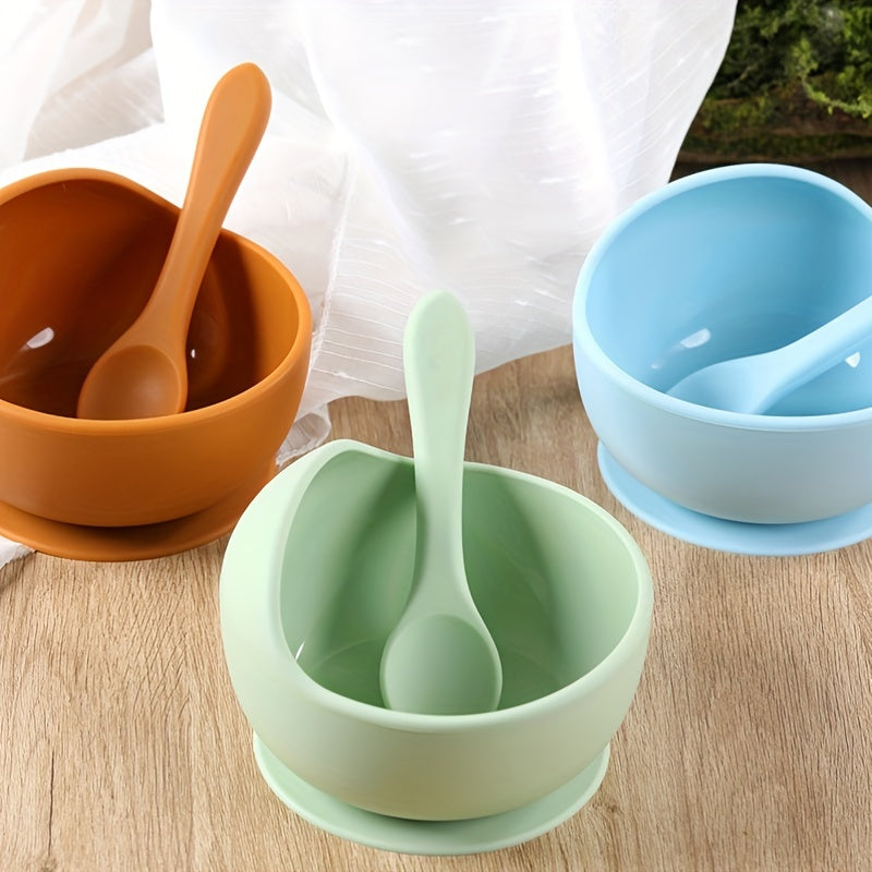 1 set of 2pcs silicone bowl spoon children's bowl, silicone suction cup, bowl spoon set, tableware, anti fall complementary food training bowl, children's bowl, silicone straw, bowl spoon set, tableware, integrated portable anti slip