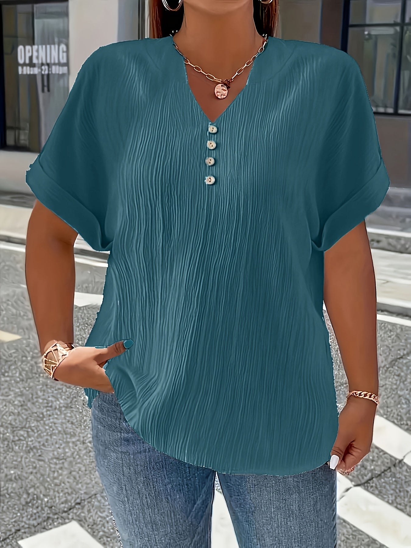 Plus Size, Women's Plus Size New European and American Spring/Summer Short Sleeve Button Solid Color Elegant Casual T-Shirt