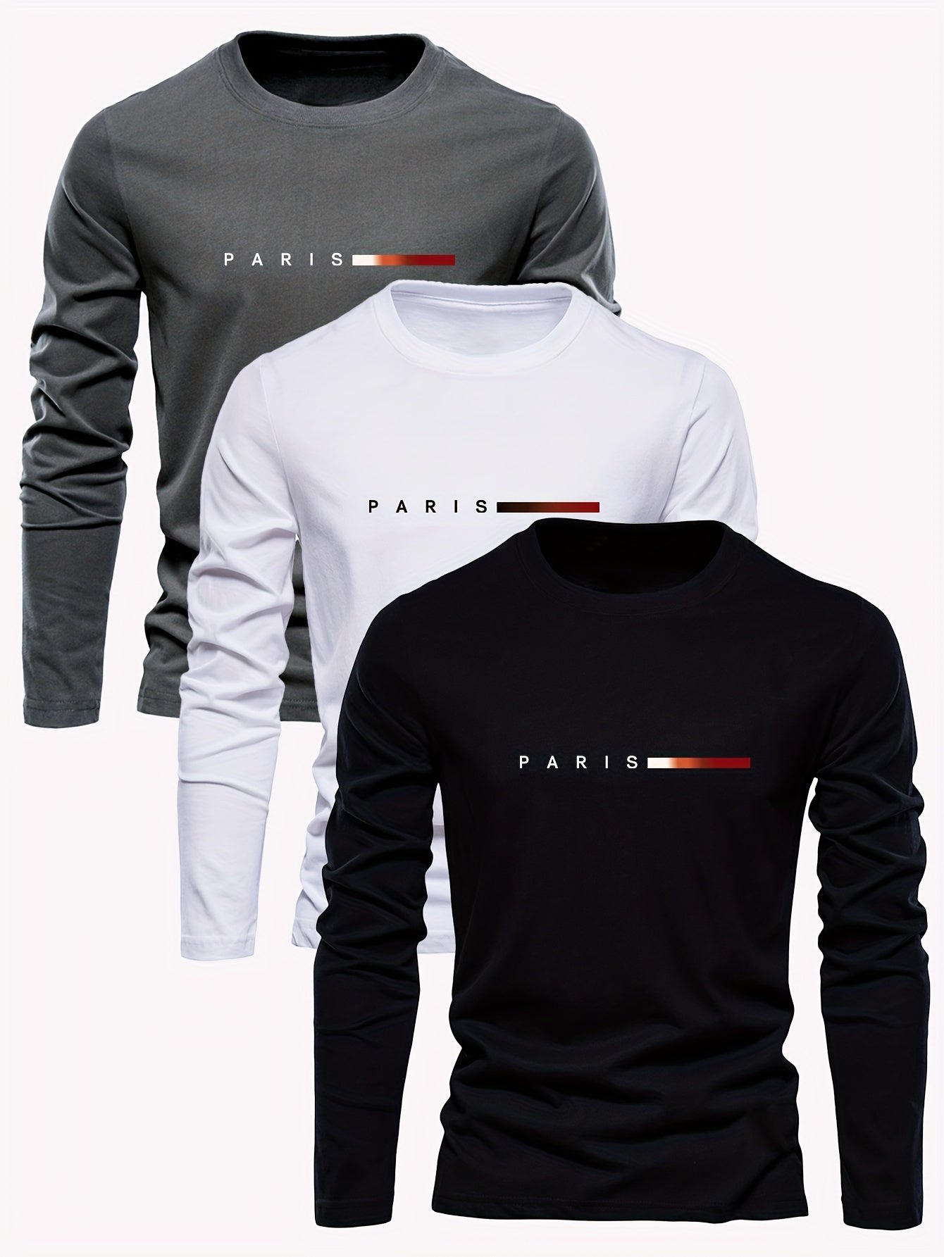 3pcs Men's 100% Cotton Oversized Long Sleeve T-Shirts - Minimalist Paris Letter Print & Red Paris Logo Design, Round Neck Casual Streetwear Layering Essential in Beige/White/Black | Spring/Fall Casual Attire, Versatile Layering Basic Tops with Relaxed Fit