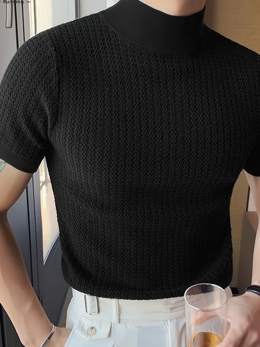 Men's Slim Fit High Neck T-Shirt - Light Blue Solid Color Short Sleeve Summer Top, Breathable Knit Texture for Casual & Semi-Formal Wear, Machine Washable Versatile Everyday Shirt for Men