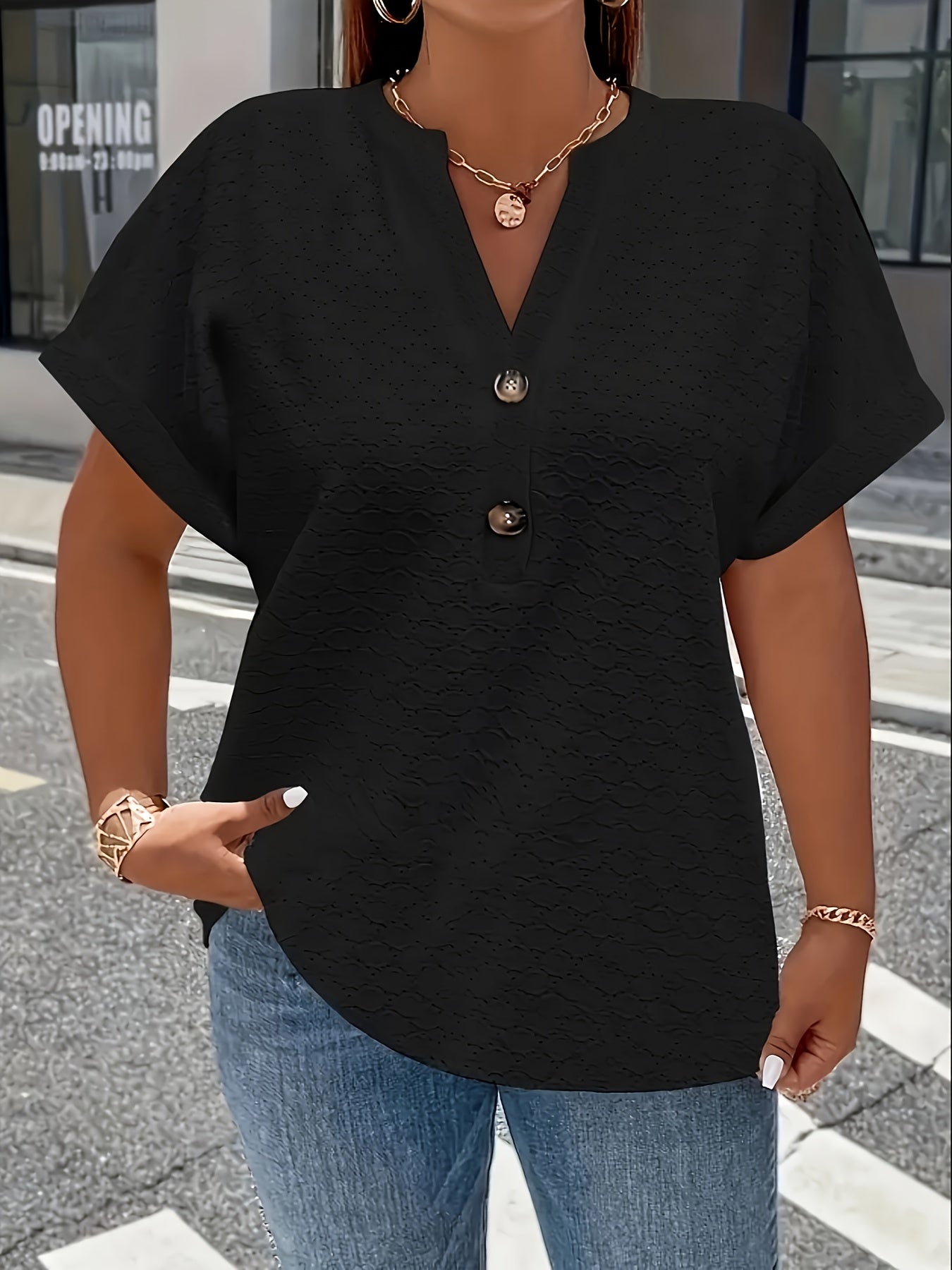 Women'S Light Green V-Neck Blouse with Button Details - Casual Short Sleeve Top for Spring/Summer, Soft Polyester Fabric, Elegant Solid Color Design, Versatile Blouse | Vneck Blouse | Elastane Comfort Fit