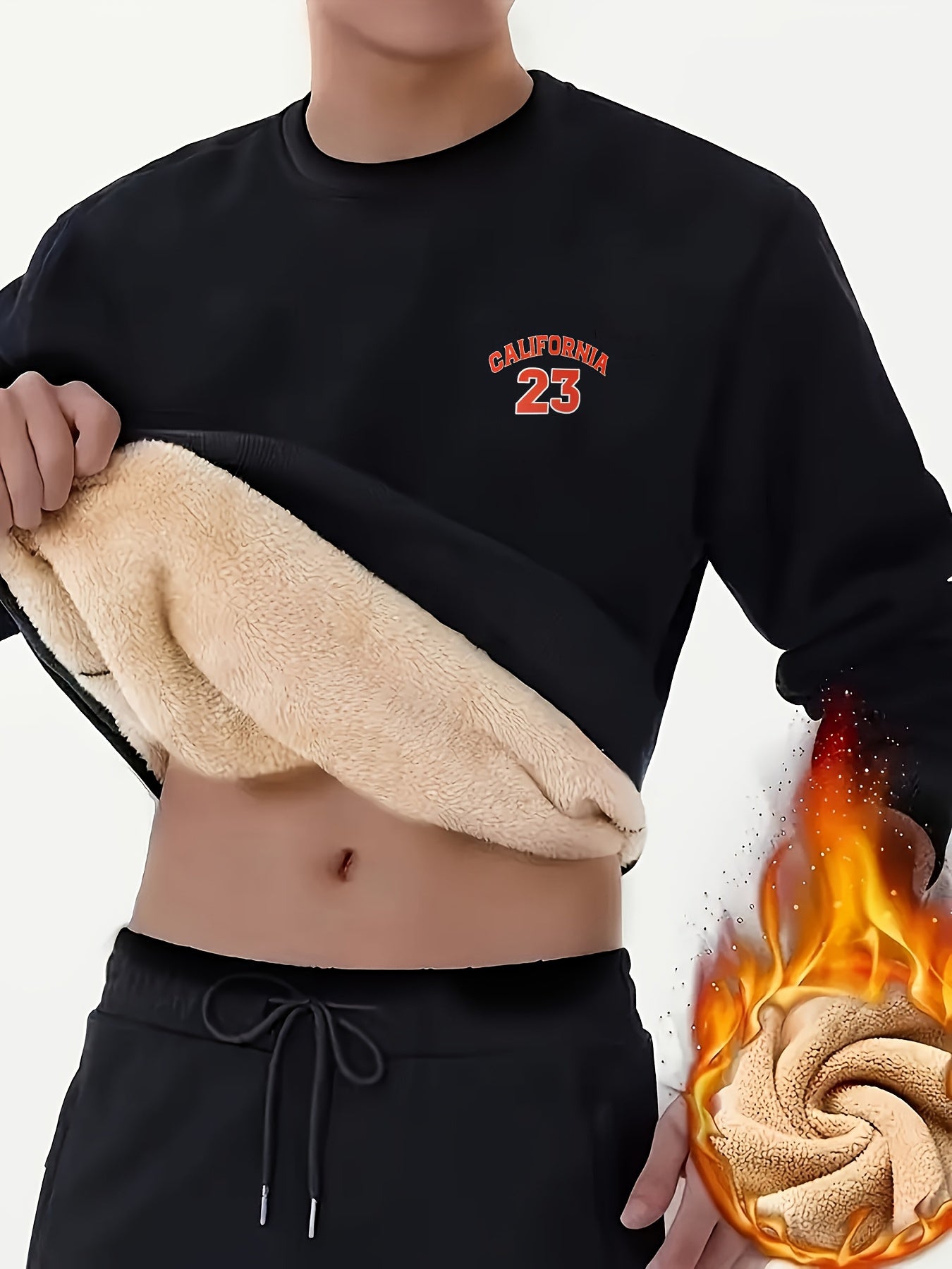 Men's Winter Warm Fleece-Lined Crew Neck Sweatshirt - Casual Black Long Sleeve with "MOM" Embroidery, Machine Washable, Cozy Polyester Fabric