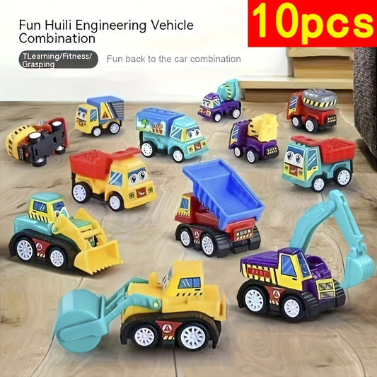 10pcs Random Color Pull Back Car, Small Inertia Engineering Vehicle, Cartoon Sticker Assembly Engineering Vehicle Fire Truck, Best Birthday Gift for Party, Christmas Gift