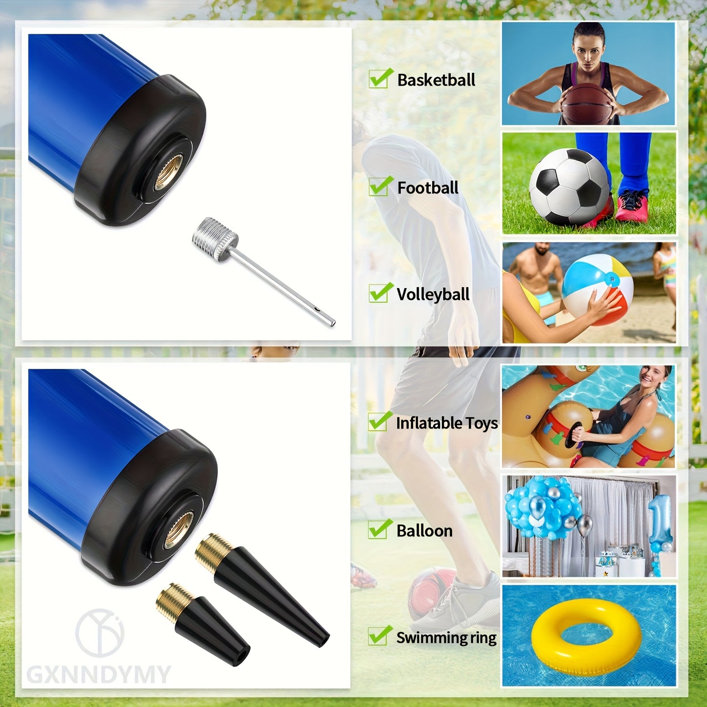 Portable Manual Air Pump Kit, PVC Ball Pump Inflator with Needle, Nozzle, Extension Hose for Soccer Basketball Football Volleyball Water Polo Rugby Exercise Sports Ball Balloon Swim Inflatables, Blue, Without Battery