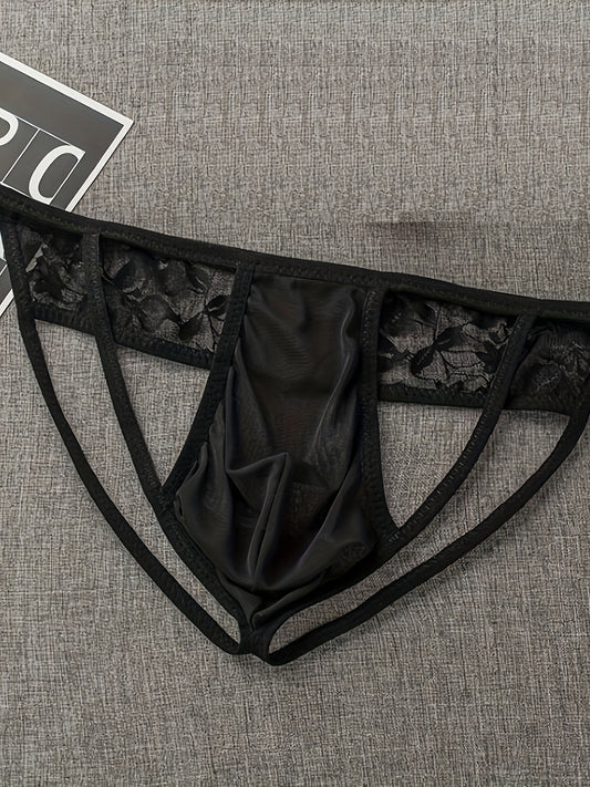 Men'S Sexy Double Butt Thong with Sheer Mesh and Lace Detailing, U-Shaped Pouch Pants, Low-Rise Tights, Sexy Underwear