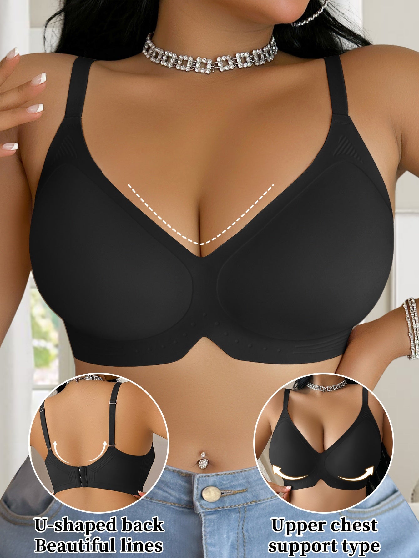 Women'S Plus Size V-Neck Seamless Jelly Strip Bra - Soft, Supportive, and Wireless with Removable Pads, Breathable and Comfortable for Everyday Wear, Everyday Bra|Snug Fit Bra|Comfortable Wear Bra, Plus Size Bra