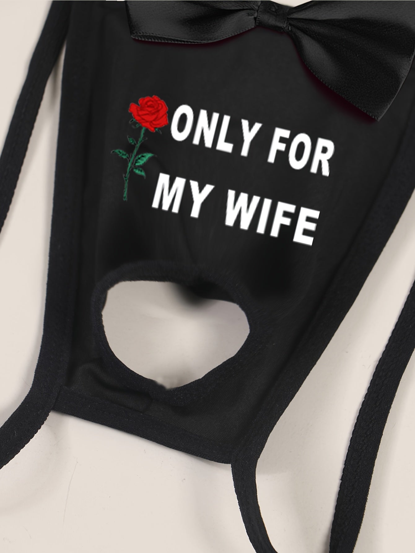Men'S Sexy Black Thong with Front Cut-Out And Bow Detail, "ONLY FOR MY WIFE" Red Rose Print, Comfortable Breathable Fabric, Medium Stretch, Skinny Fit, Ideal Valentine'S Day Gift