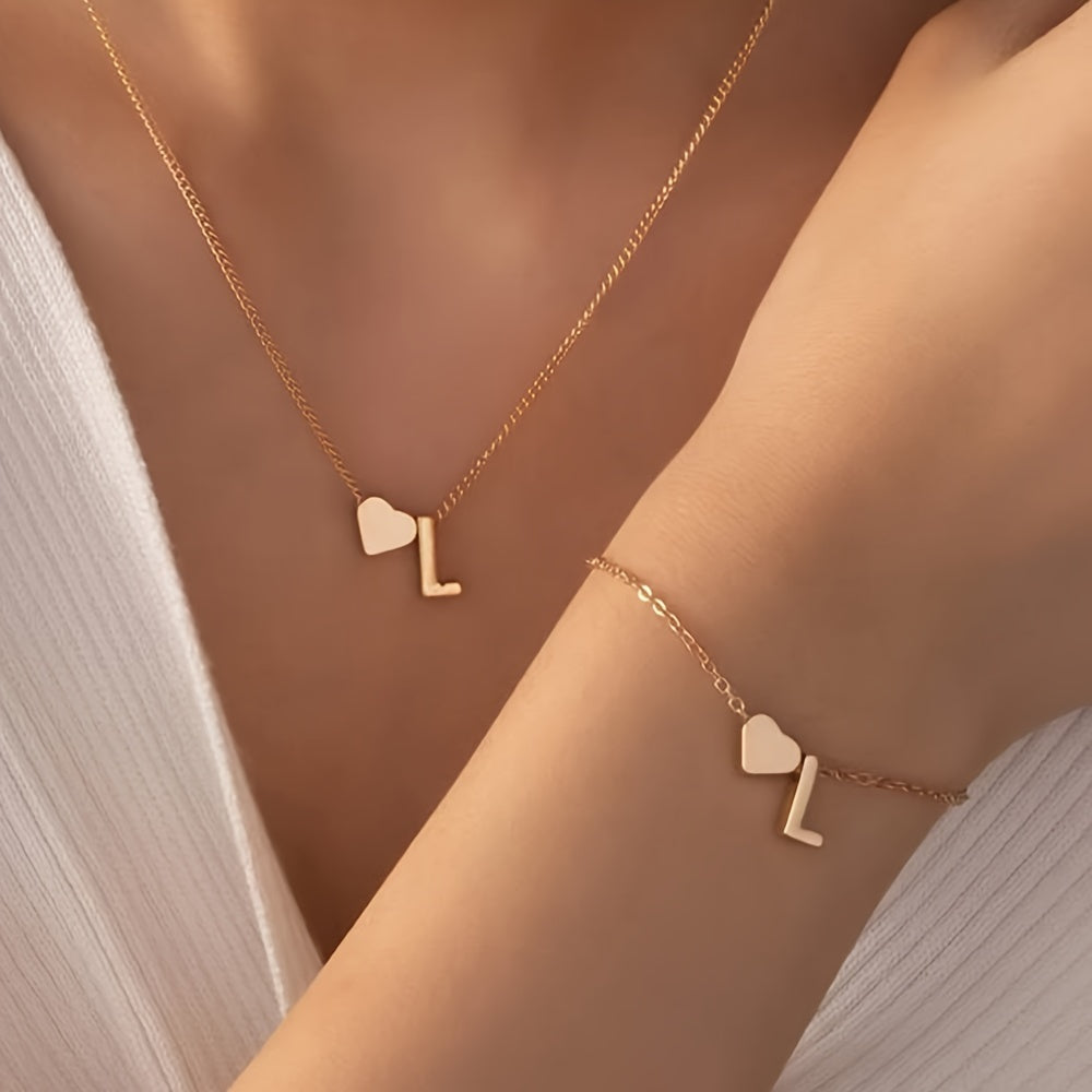 A Stylish And Minimalist Two-Piece Set Featuring a Metal Heart And English Letter Necklace And Bracelet, Perfect for Everyday Commuting Wear.