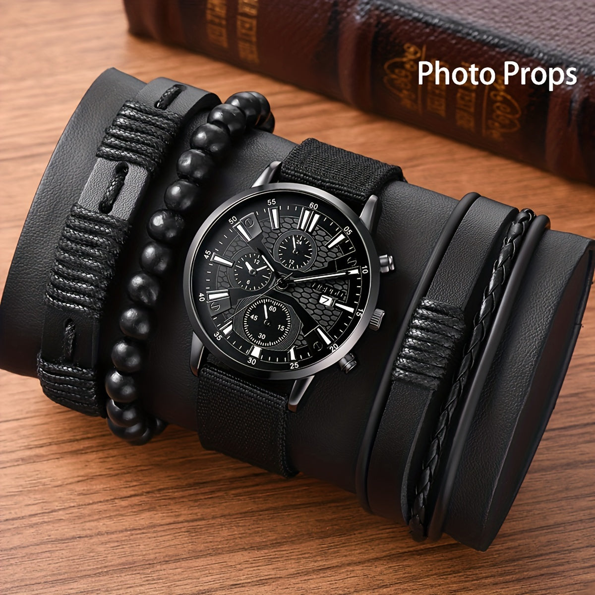 Middle East, Ramadan Men Watch 1pcs Men's Black Nylon Strap Casual Industrial Style Round Dial Calendar Pointer Quartz Watch And 3pcs Bracelets Watch for Men Suitable for Men Party Birthday Wear As Brother The Best Gift for A for Man No Box