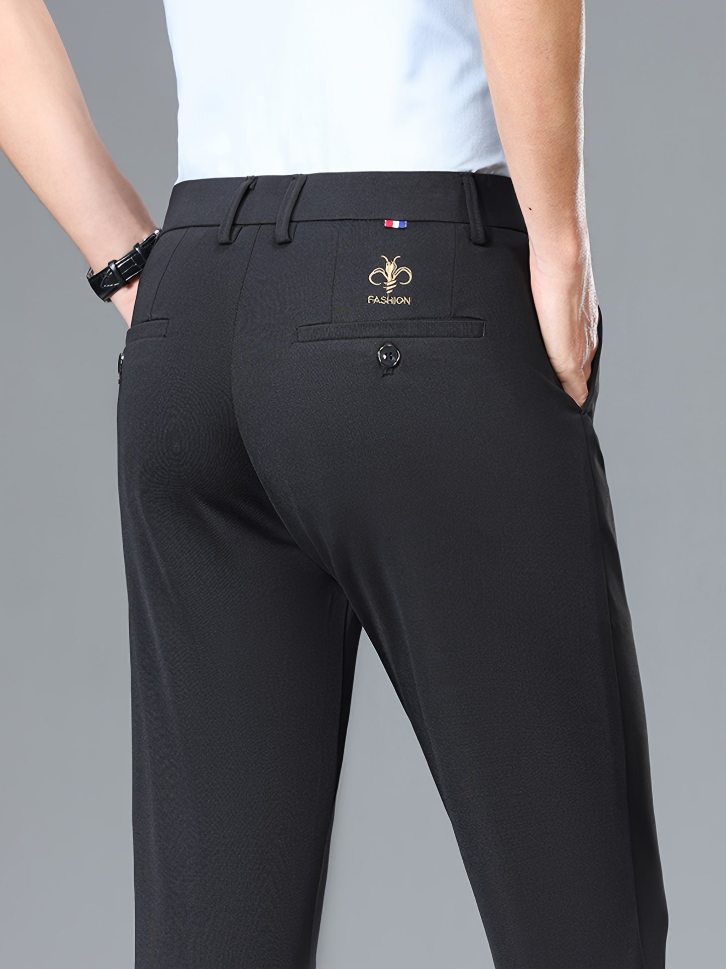 Men's Light Business Casual Dress Pants - High Elasticity, Wrinkle-Resistant, Embroidered Logo, Machine Washable, All-Season Regular Fit, Versatile Trousers, Elastic Comfort Waistband, Wrinkeresistant Fabric